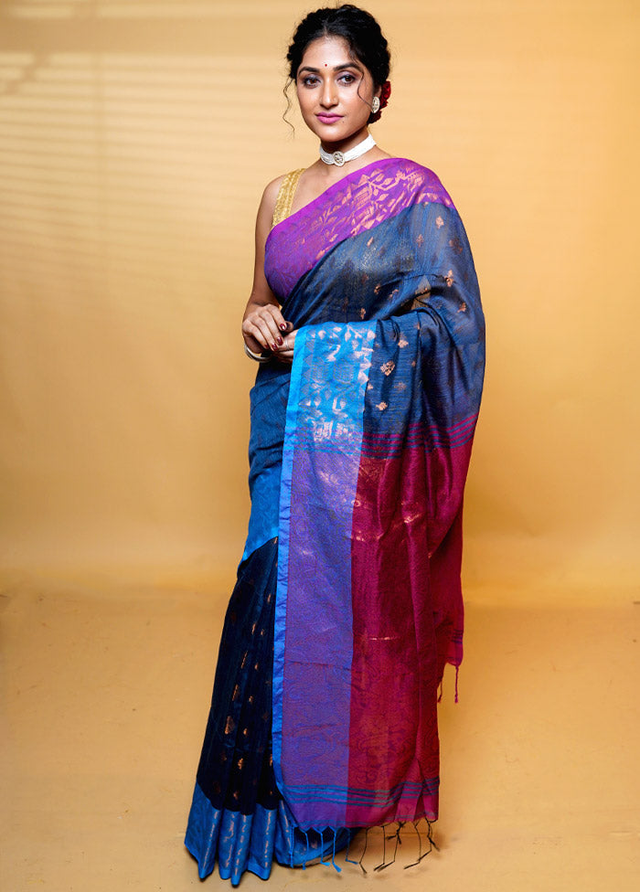 Blue Khadi Cotton Saree With Blouse Piece