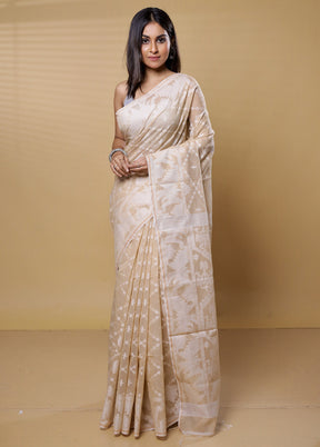 Cream Khadi Cotton Saree With Blouse Piece