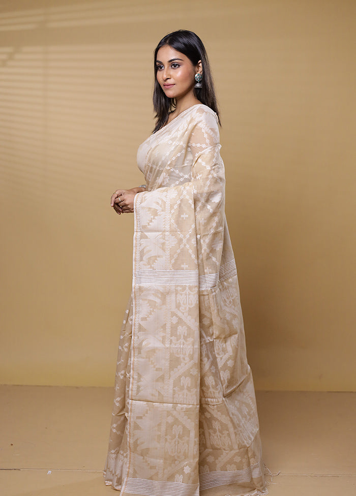 Cream Khadi Cotton Saree With Blouse Piece