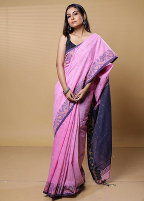 Pink Khadi Cotton Saree With Blouse Piece