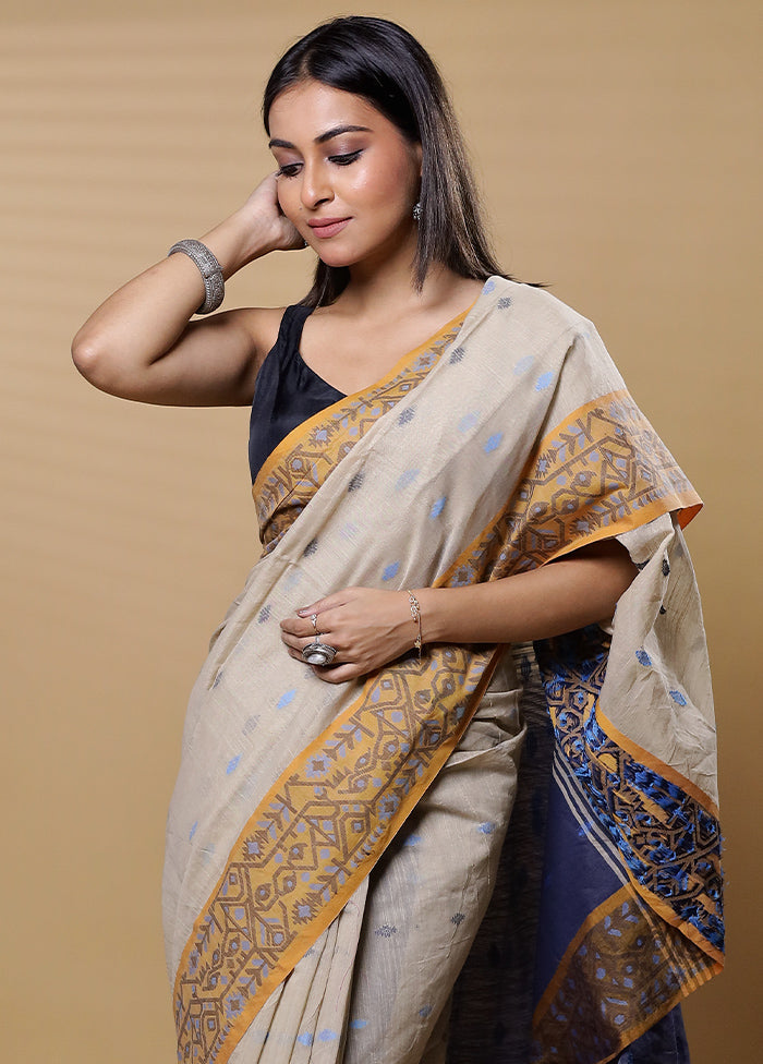 Cream Khadi Cotton Saree With Blouse Piece