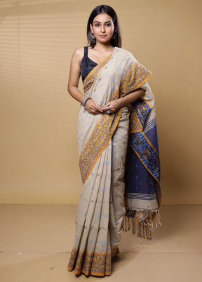 Cream Khadi Cotton Saree With Blouse Piece