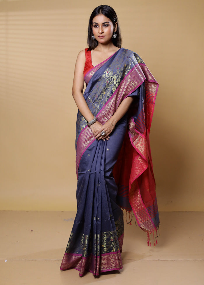 Blue Khadi Cotton Saree With Blouse Piece