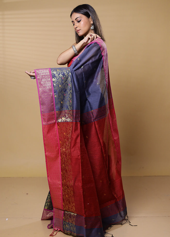 Blue Khadi Cotton Saree With Blouse Piece