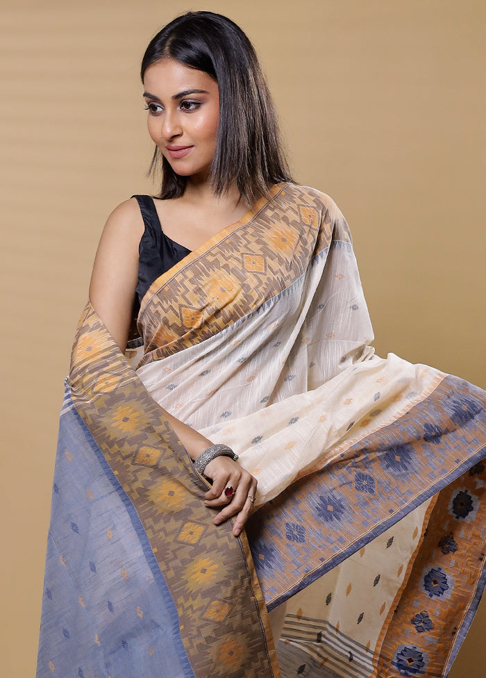 Cream Khadi Cotton Saree With Blouse Piece