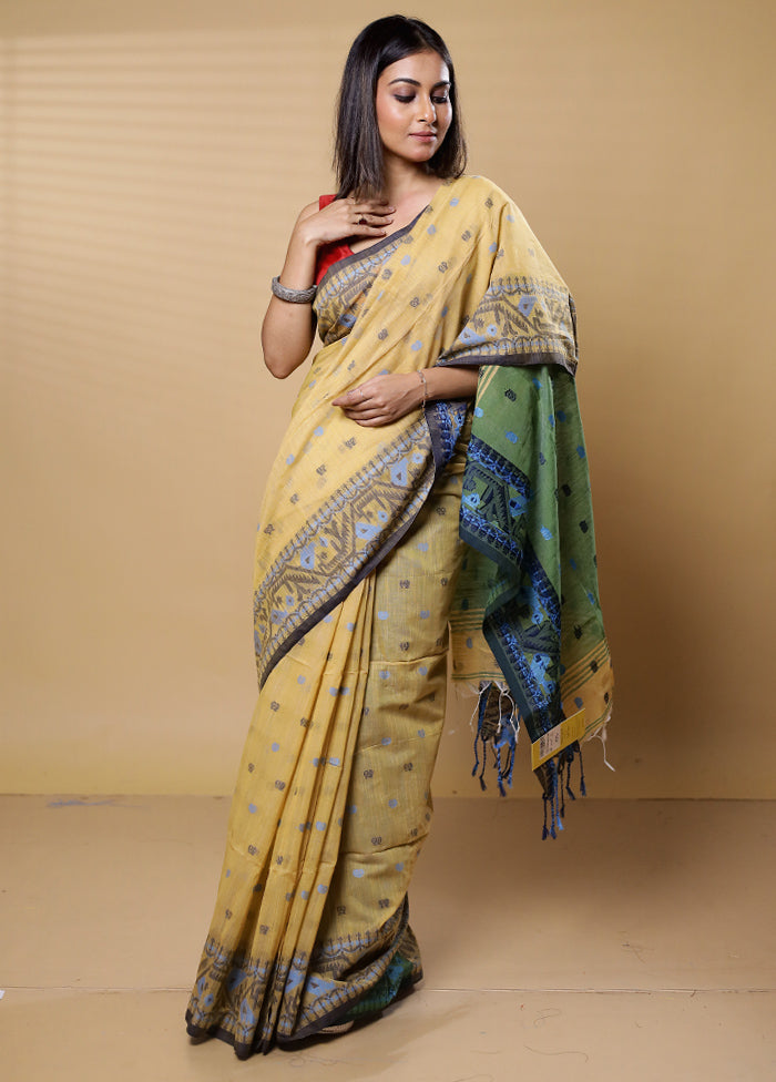 Cream Khadi Cotton Saree With Blouse Piece