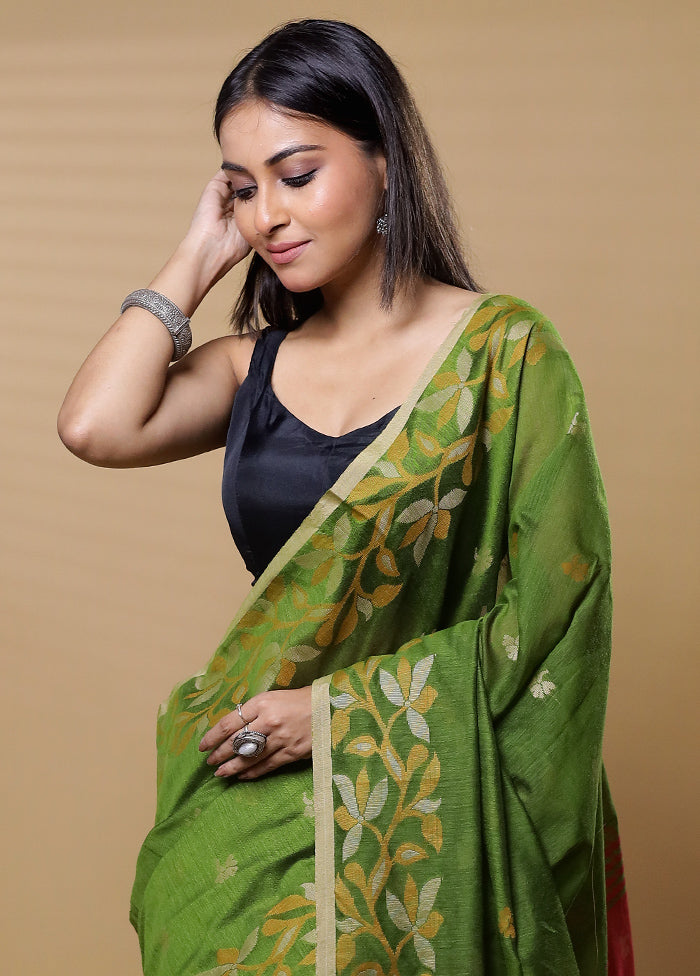 Green Khadi Cotton Saree With Blouse Piece