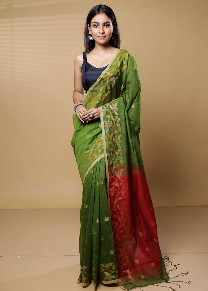 Green Khadi Cotton Saree With Blouse Piece