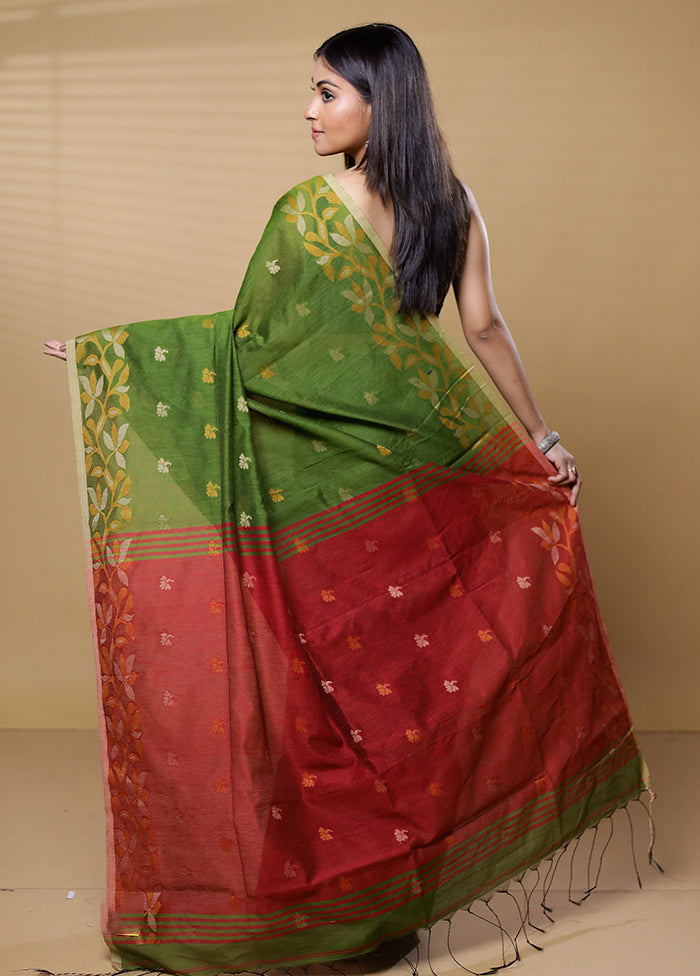 Green Khadi Cotton Saree With Blouse Piece