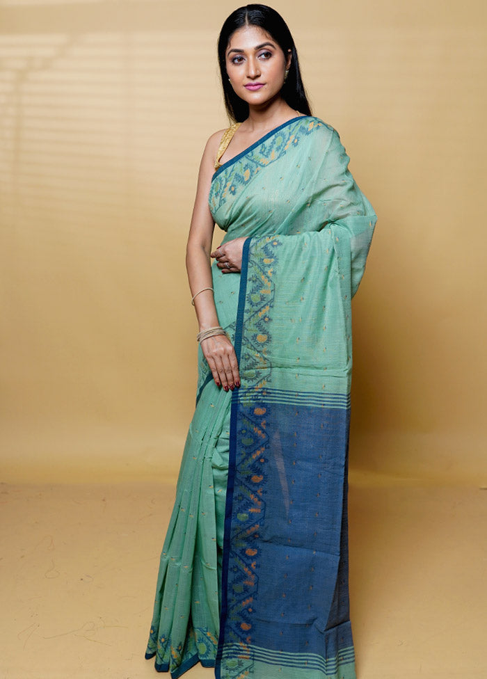 Green Khadi Cotton Saree With Blouse Piece