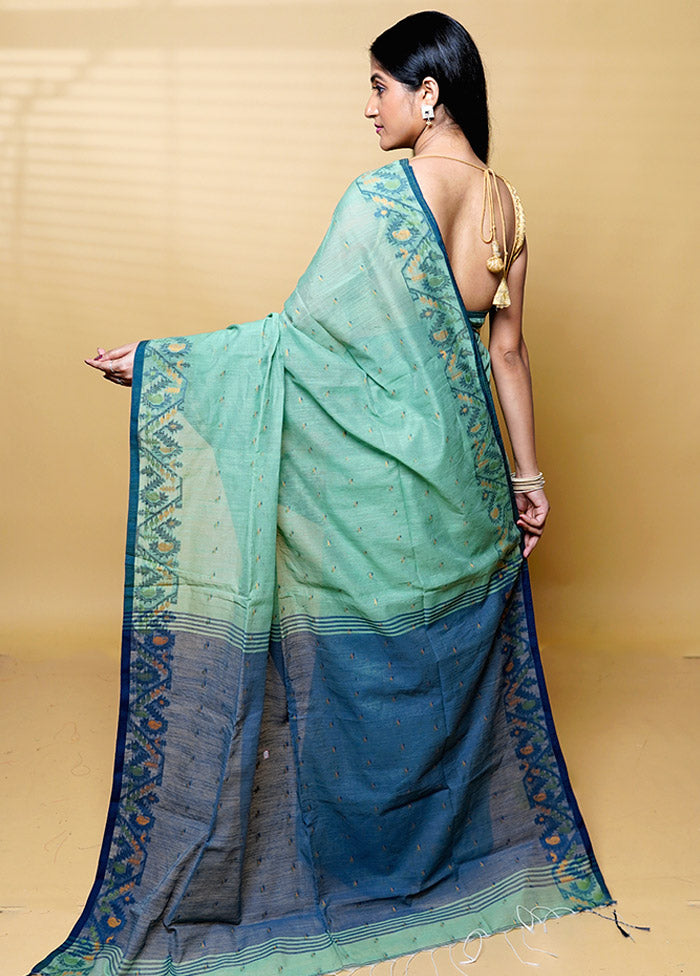 Green Khadi Cotton Saree With Blouse Piece