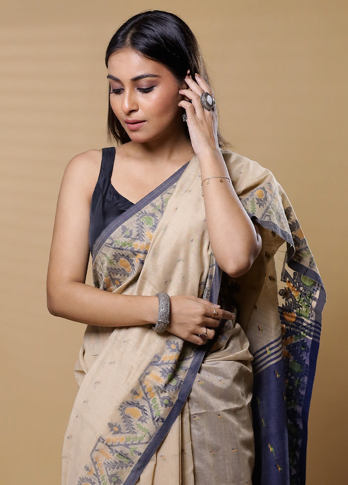 Cream Khadi Cotton Saree With Blouse Piece