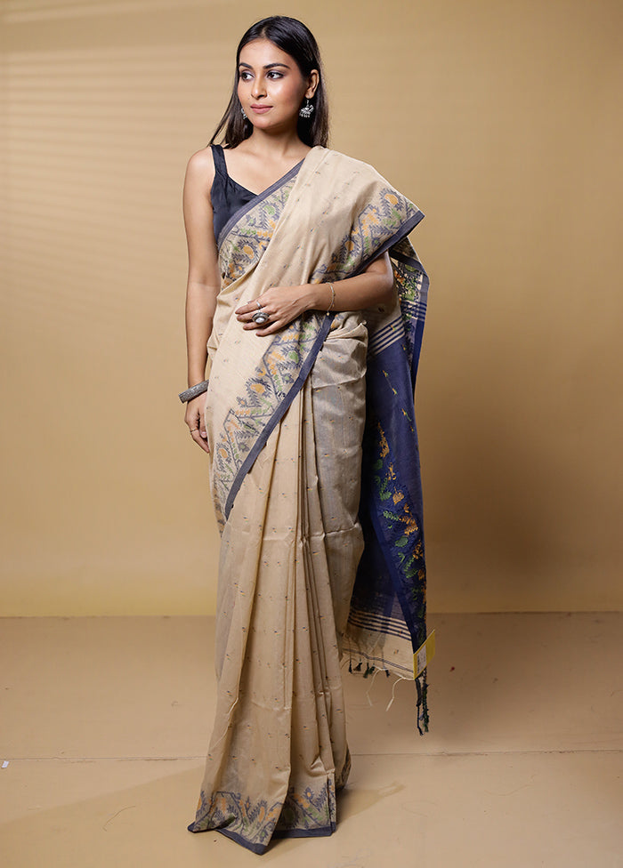 Cream Khadi Cotton Saree With Blouse Piece