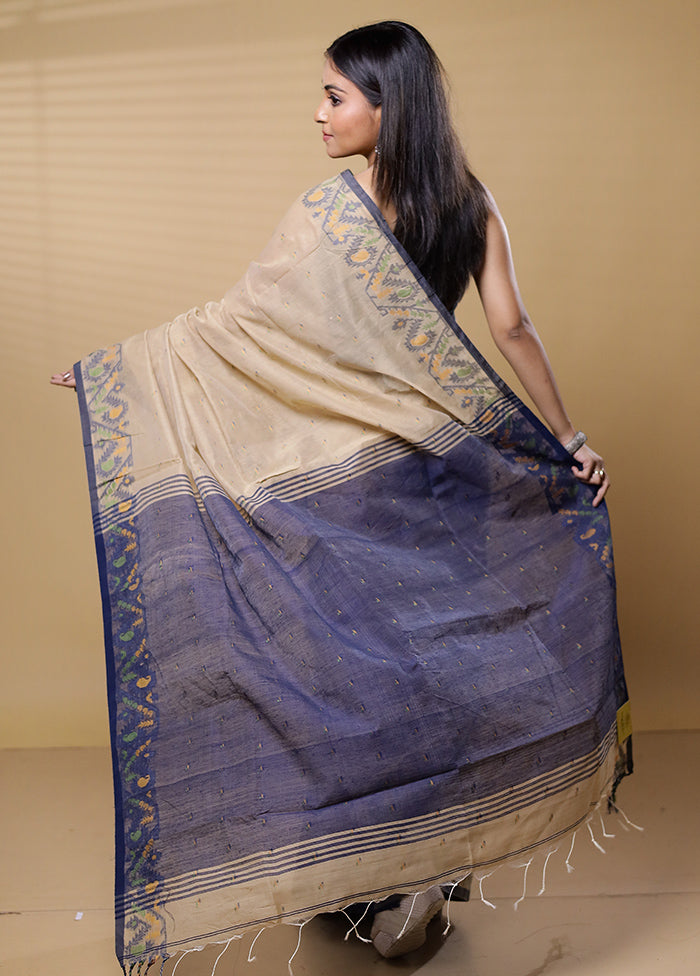 Cream Khadi Cotton Saree With Blouse Piece