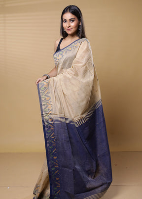 Cream Khadi Cotton Saree With Blouse Piece