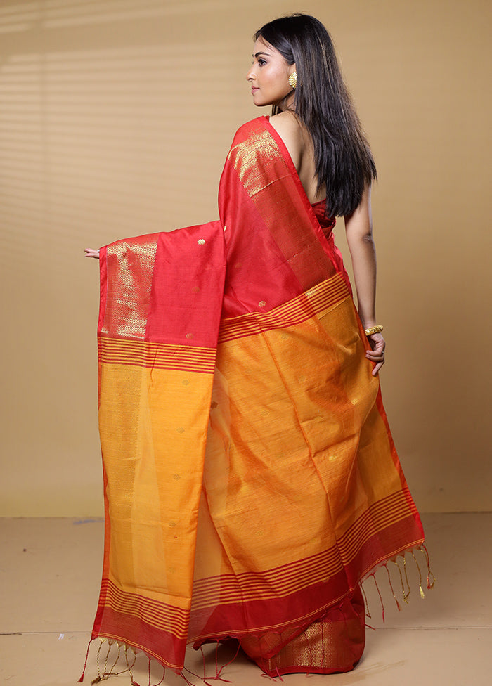 Orange Khadi Cotton Saree With Blouse Piece