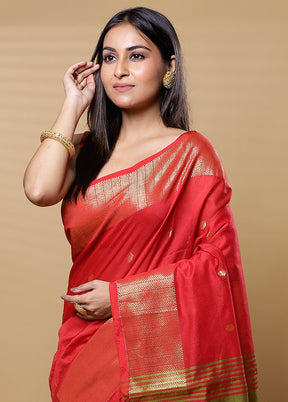 Red Khadi Cotton Saree With Blouse Piece