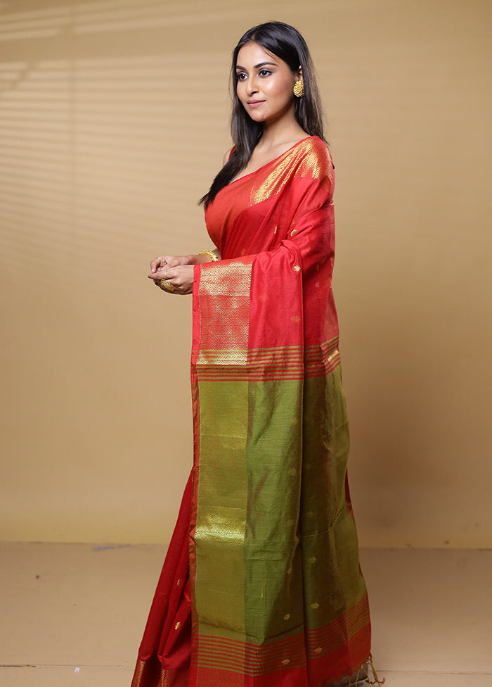 Red Khadi Cotton Saree With Blouse Piece