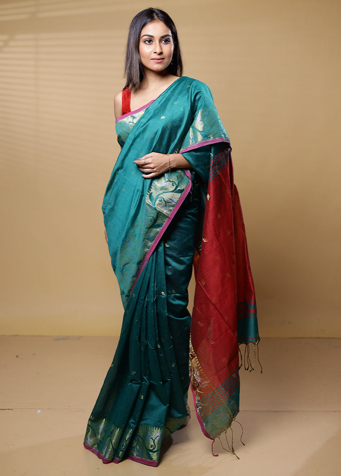 Green Khadi Cotton Saree With Blouse Piece