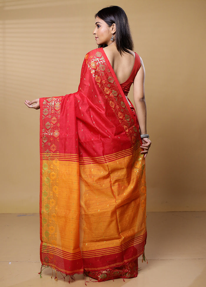 Red Khadi Cotton Saree With Blouse Piece