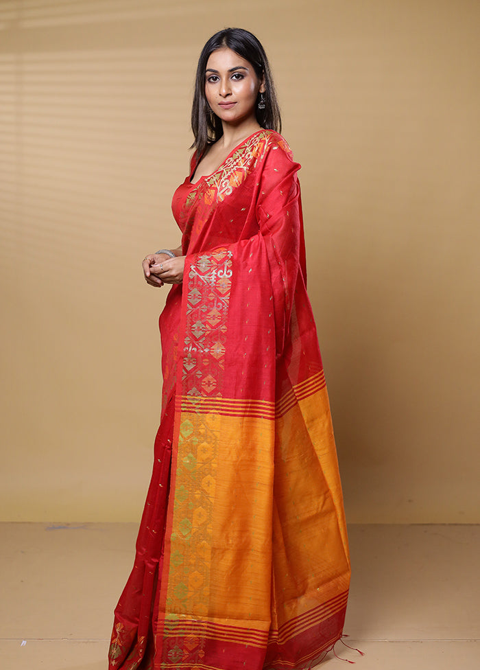 Red Khadi Cotton Saree With Blouse Piece