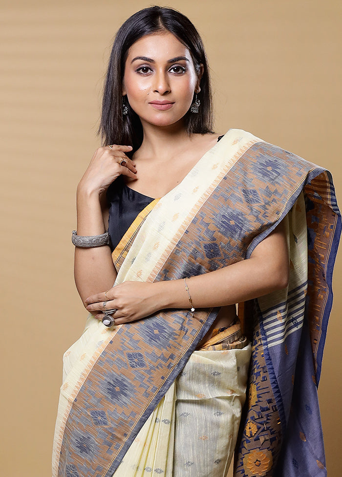 Cream Khadi Cotton Saree With Blouse Piece