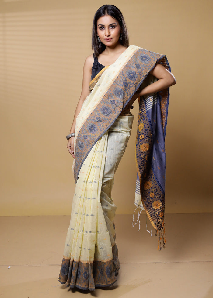 Cream Khadi Cotton Saree With Blouse Piece