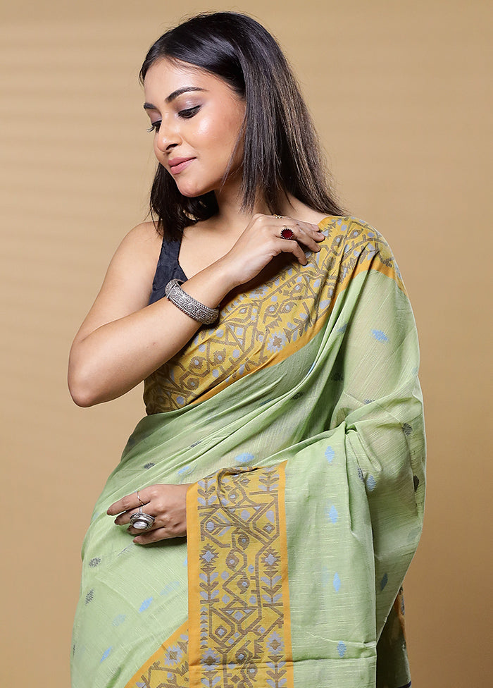 Green Khadi Cotton Saree With Blouse Piece