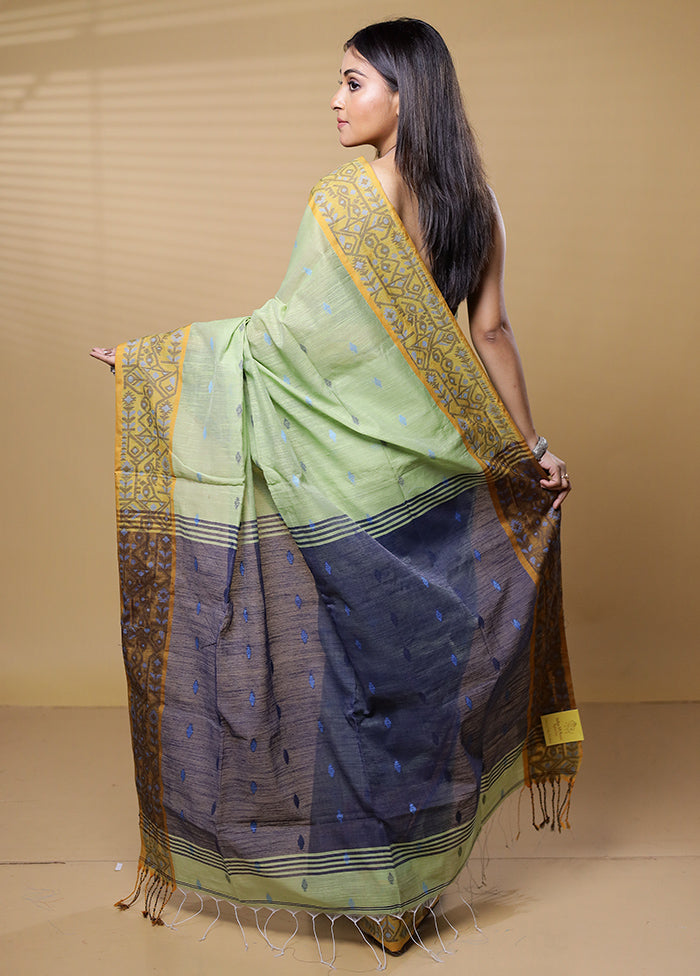 Green Khadi Cotton Saree With Blouse Piece