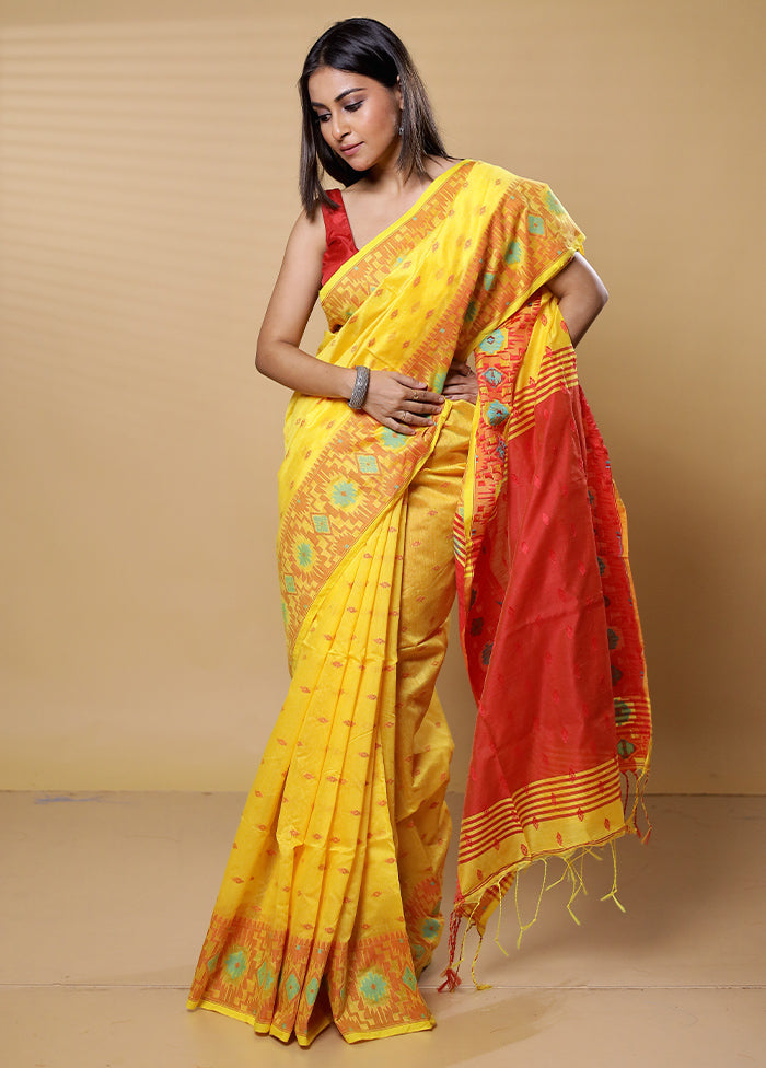 Yellow Khadi Cotton Saree With Blouse Piece