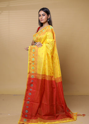 Yellow Khadi Cotton Saree With Blouse Piece