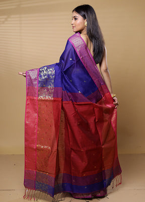 Blue Khadi Cotton Saree With Blouse Piece