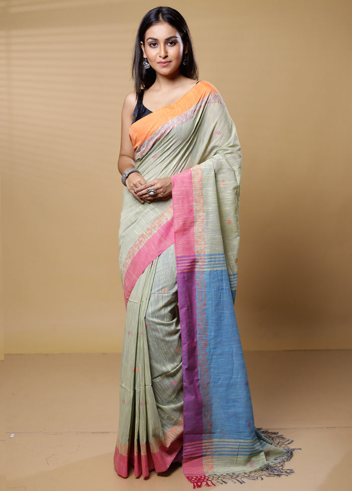 Green Khadi Cotton Saree With Blouse Piece