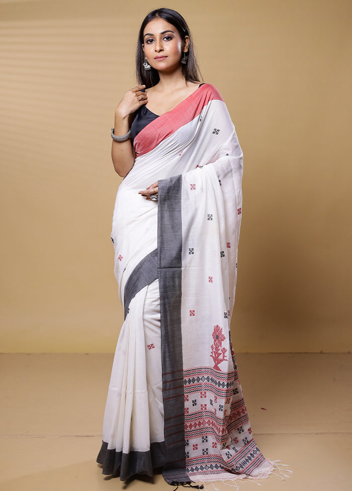 White Khadi Cotton Saree With Blouse Piece