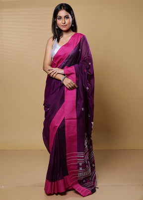 Purple Khadi Cotton Saree With Blouse Piece