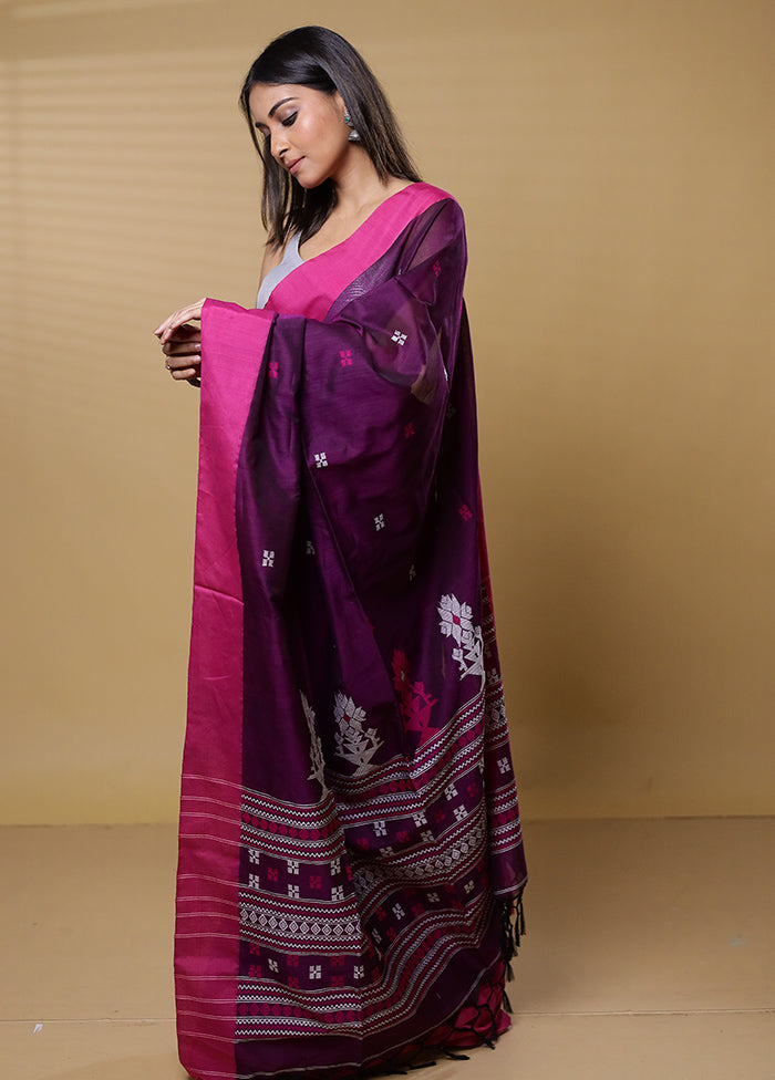 Purple Khadi Cotton Saree With Blouse Piece