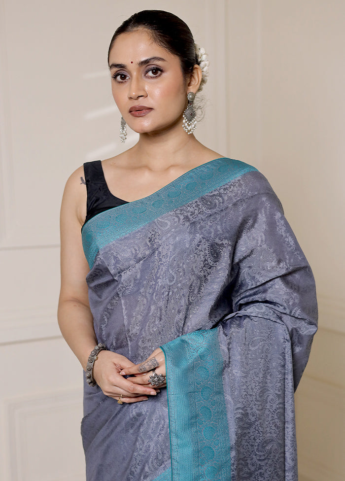 Grey Kanjivaram Silk Saree With Blouse Piece