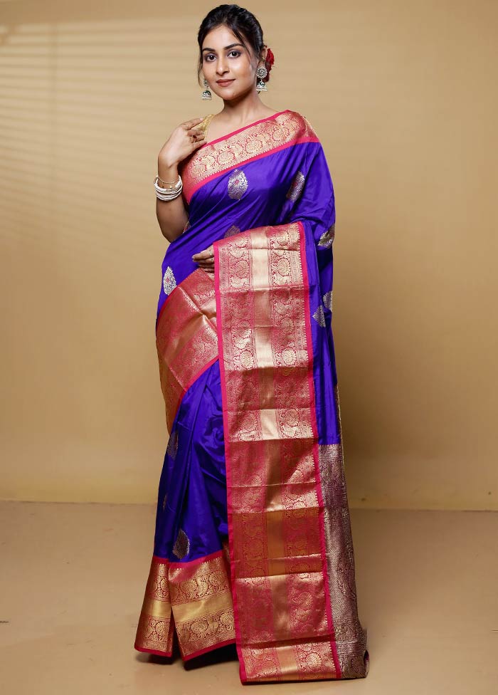 Purple Handloom Kanjivaram Pure Silk Saree With Blouse Piece