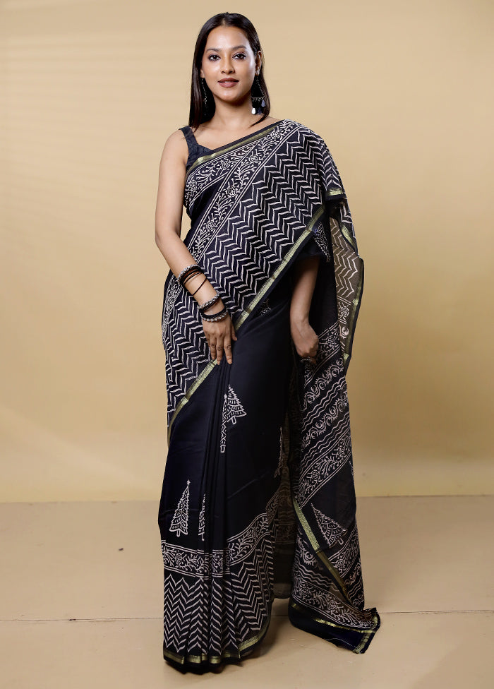 Black Chanderi Cotton Saree With Blouse Piece