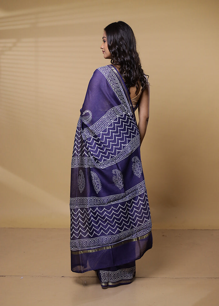 Blue Chanderi Cotton Saree With Blouse Piece