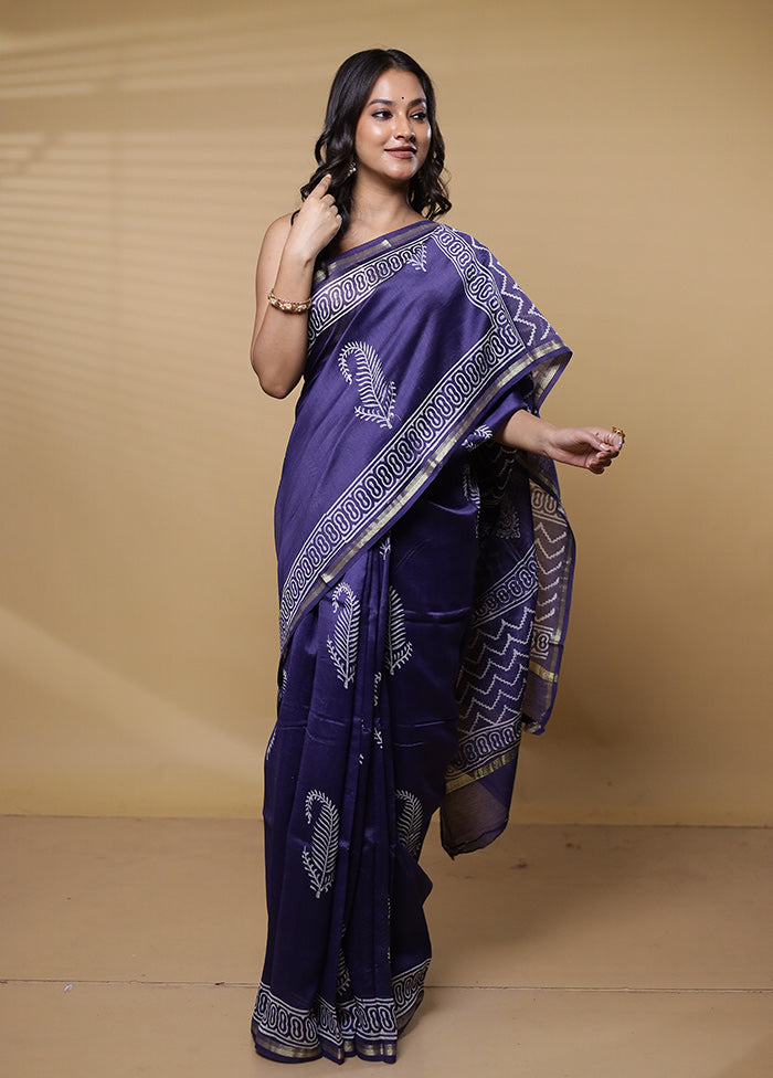 Blue Chanderi Cotton Saree With Blouse Piece