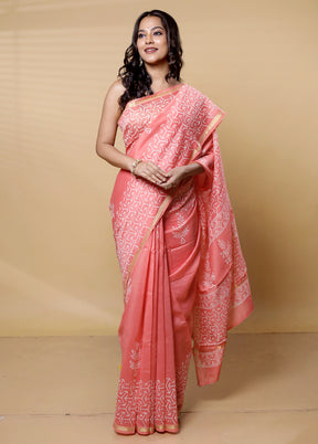 Pink Chanderi Cotton Saree With Blouse Piece