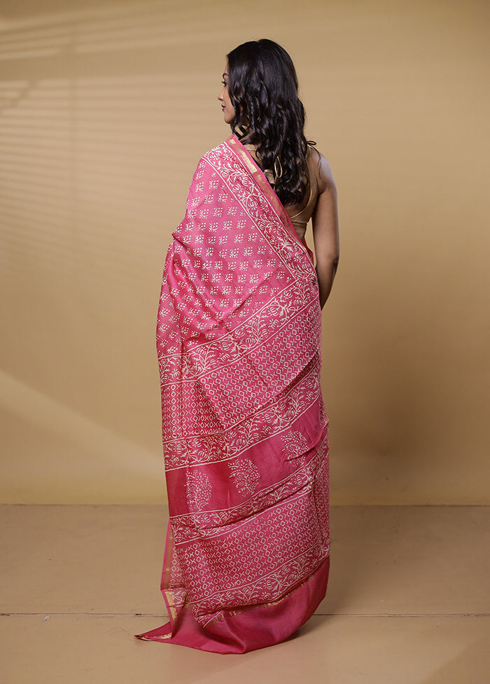 Pink Chanderi Cotton Saree With Blouse Piece