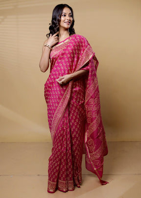 Pink Chanderi Cotton Saree With Blouse Piece