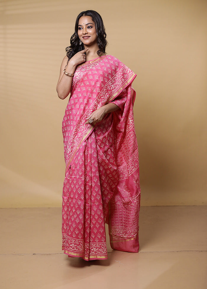 Pink Chanderi Cotton Saree With Blouse Piece