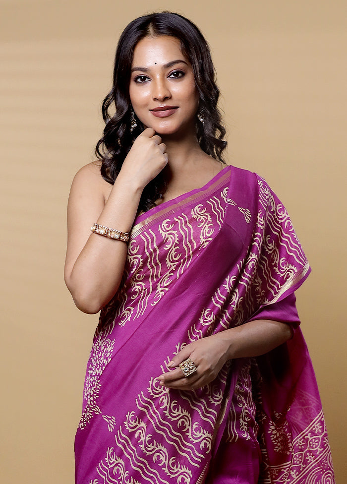 Purple Chanderi Cotton Saree With Blouse Piece