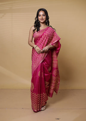 Pink Chanderi Cotton Saree With Blouse Piece