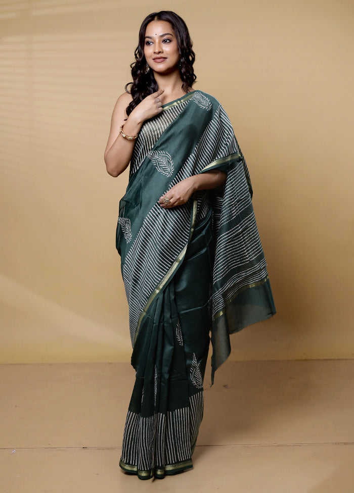 Green Chanderi Cotton Saree With Blouse Piece