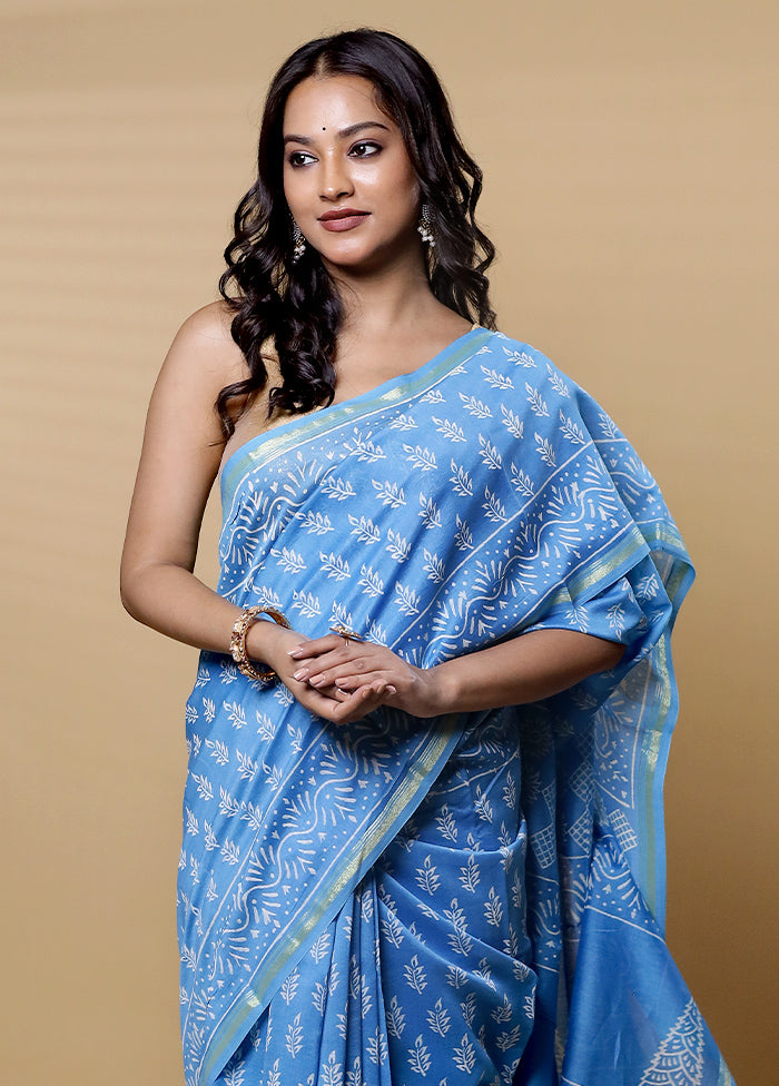 Blue Chanderi Cotton Saree With Blouse Piece