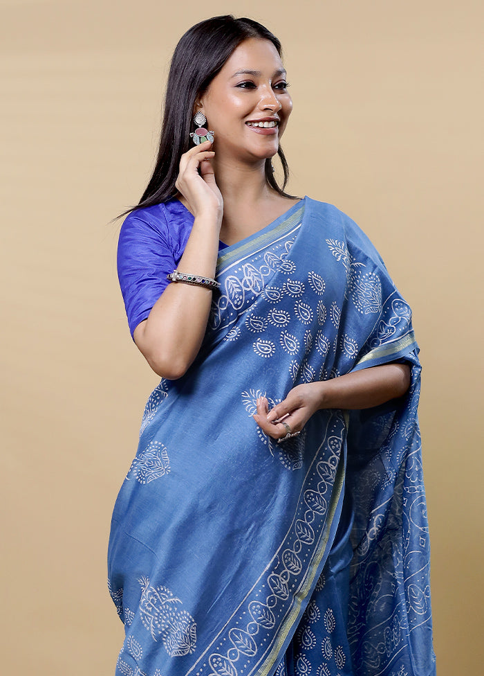 Blue Chanderi Cotton Saree With Blouse Piece